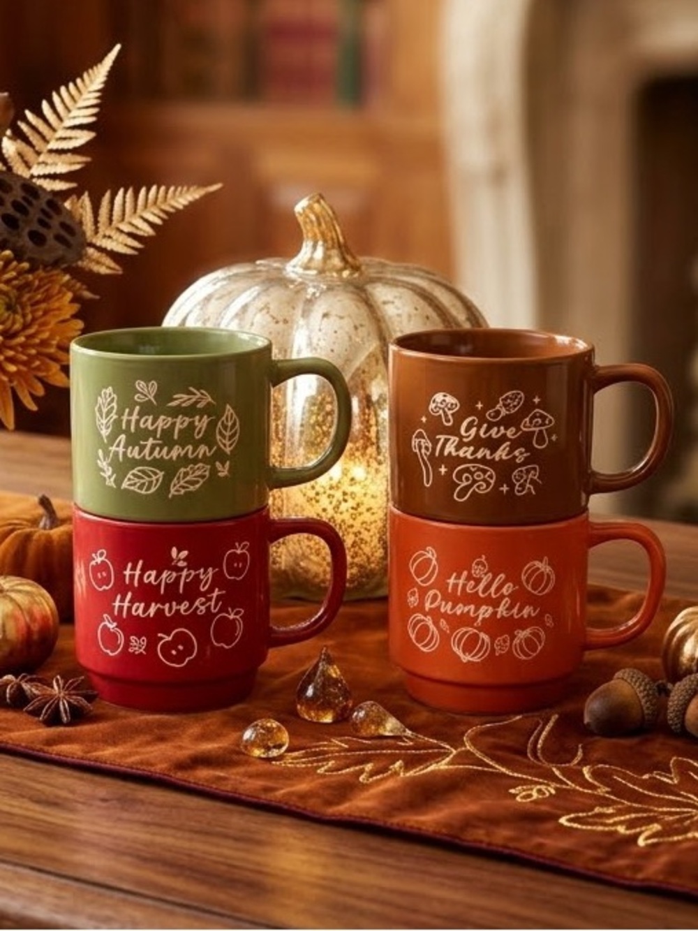 4pc Fall Stacking Ceramic Mug Set - Picture 2 of 3